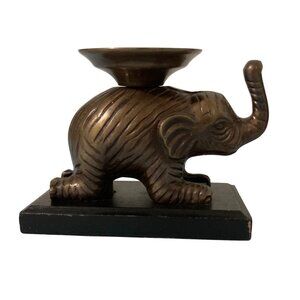 Bronze Painted Elephant Candle Holder Statue On Wooden Base Accent Piece